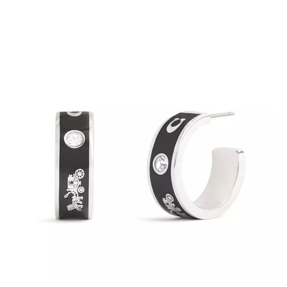 Coach Silver Black Enamel Horse Carriage Tea Rose Crystal Hoop Earrings NWOT